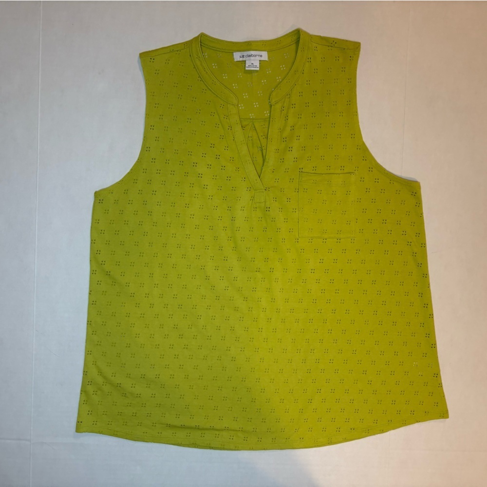 Liz Claiborne lime green sleeveless v-neck tank top 100% cotton eyelet-look XL